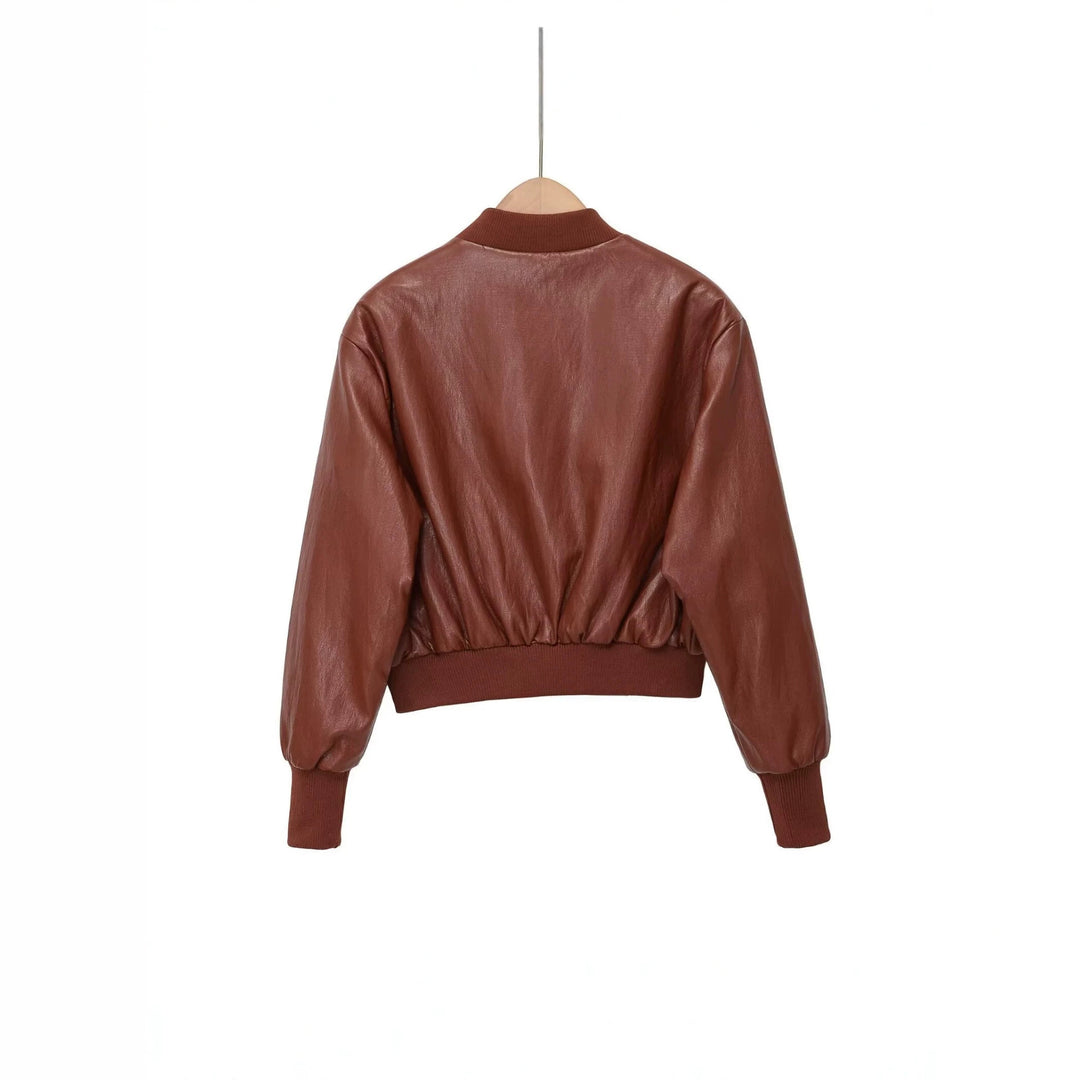 Damen Cropped Leder-Bomberjacke mit geripptem Saum und Pattentaschen Drune