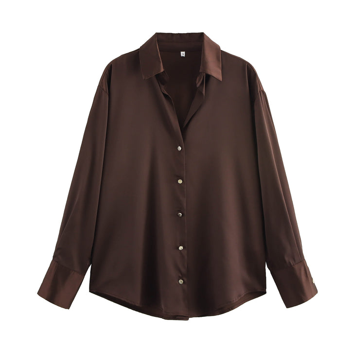 Damen nan oversized Satinbluse mit Hemdkragen, verlängerten Manschetten und abgerundetem Saum Drune