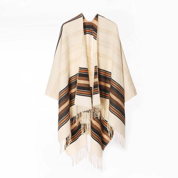 Damen Leichter Ruana‑Poncho aus Woll‑Viskosemix mit gestreifter Webbordüre und Fransensaum Drune