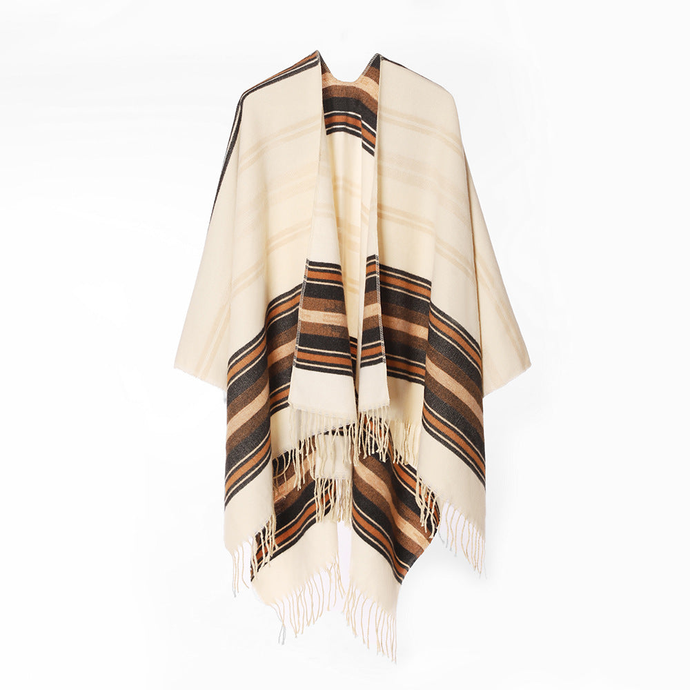 Damen Weichfallender Schalkragen‑Poncho aus Wollmix mit gestreiften Jacquardbordüren und Fransensaum Drune