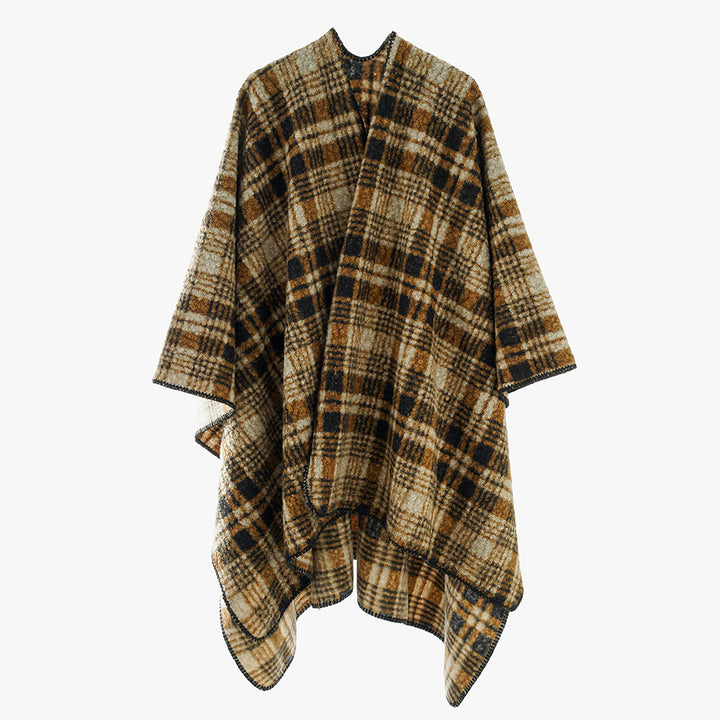 Damen Oversize-Karo-Cape aus weichem Wollmix mit kontrastierter Kettelnaht Drune
