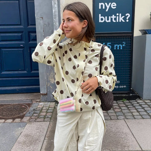 Damen Boxy Hemdjacke mit Stehkragen, Ballonärmeln und großem Polka‑Dot‑Print Drune