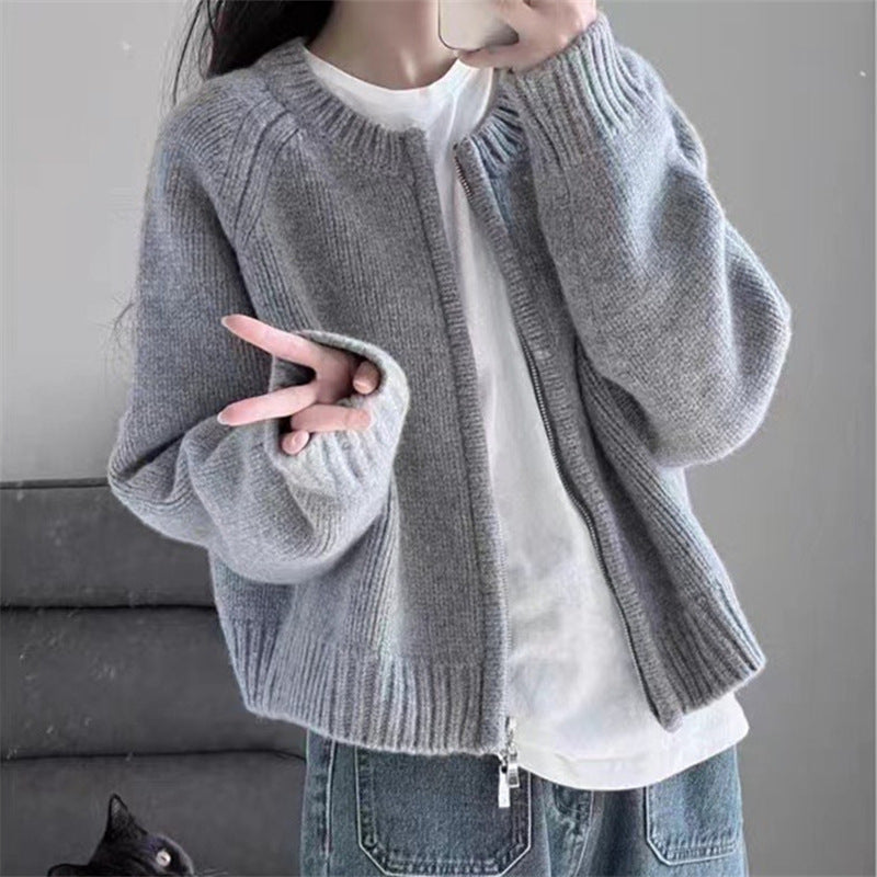 Damen lässige Strickjacke mit hochgeschlossenem Kragen und Reißverschluss Drune
