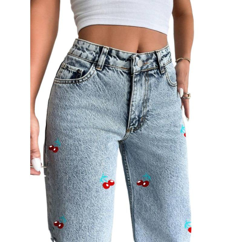 Damen Weit geschnittene Jeans im fruchtigem Stickdesign Drune