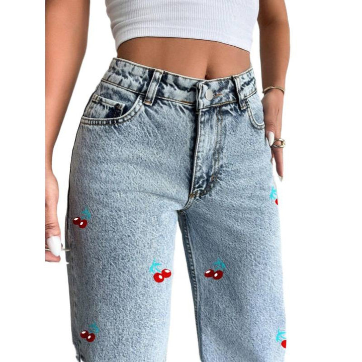 Damen Weit geschnittene Jeans im fruchtigem Stickdesign Drune
