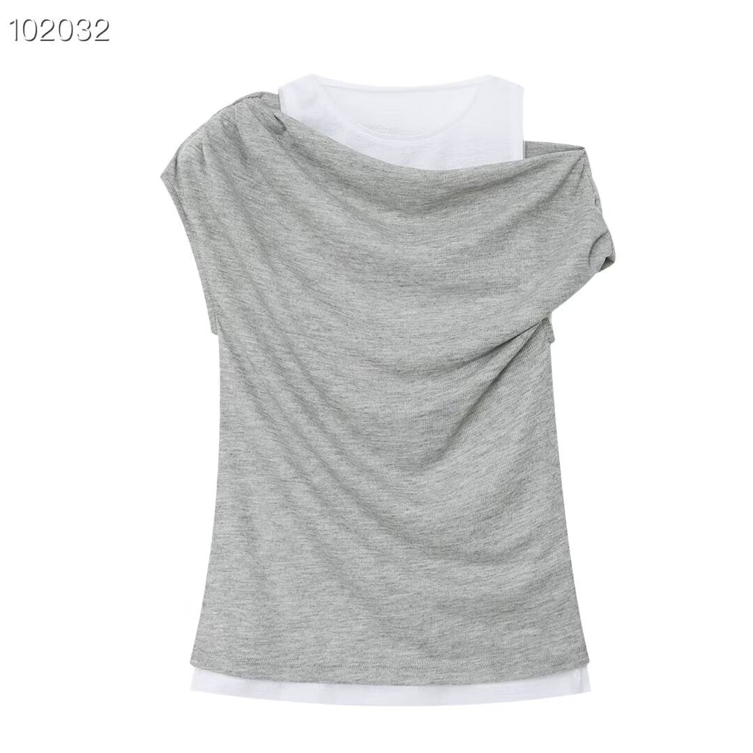 Damen lässiges Overlay T-Shirt mit asymmetrischem Schnitt und eleganten Falten Drune