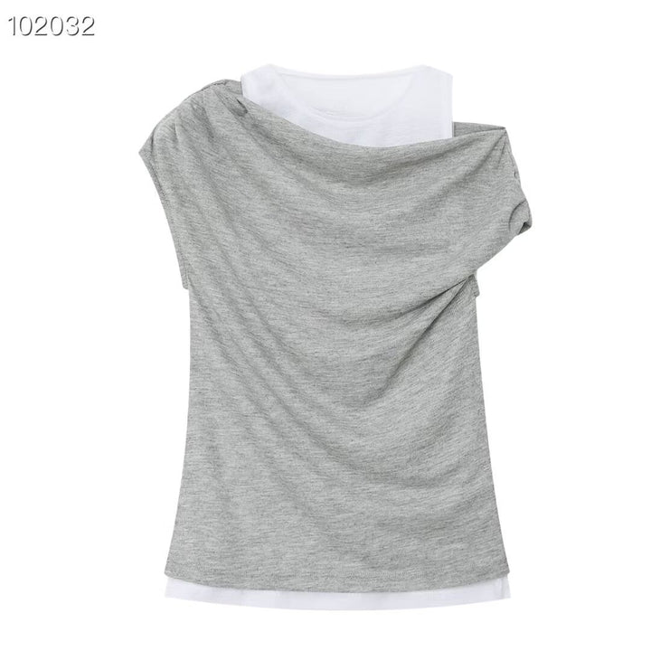 Damen lässiges Overlay T-Shirt mit asymmetrischem Schnitt und eleganten Falten Drune