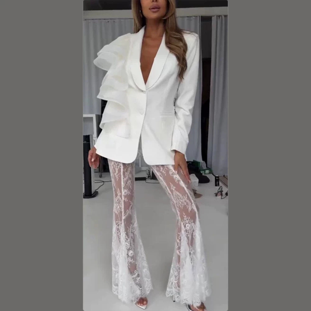Damen taillierter Blazer mit asymmetrischer Organza-Rüsche Drune