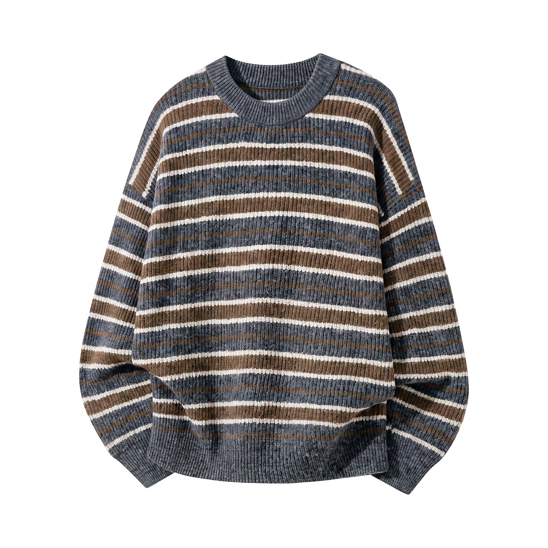 Unisex Gestreifter Oversize-Rippenstrickpullover mit Rundhalsausschnitt Drune