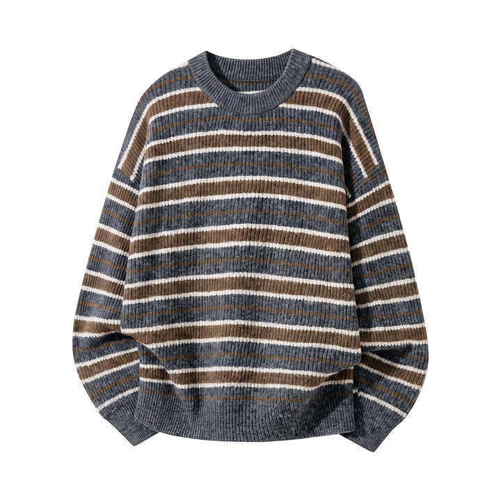 Unisex Gestreifter Oversize-Rippenstrickpullover mit Rundhalsausschnitt Drune