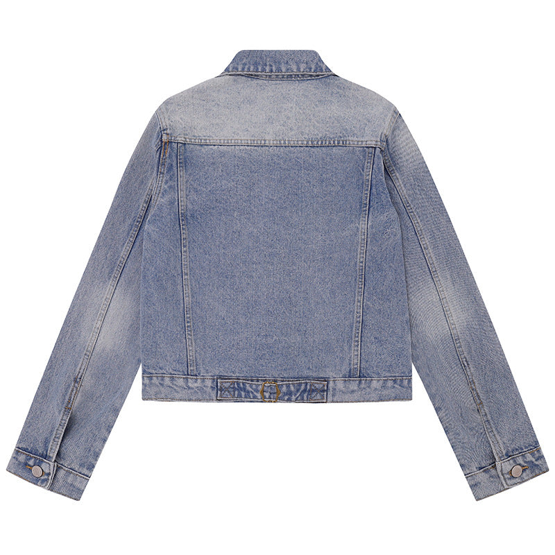 Damen kurze Vintage-Denimjacke mit Brusttaschen, Reißverschluss-Detail und Knopfleiste Drune