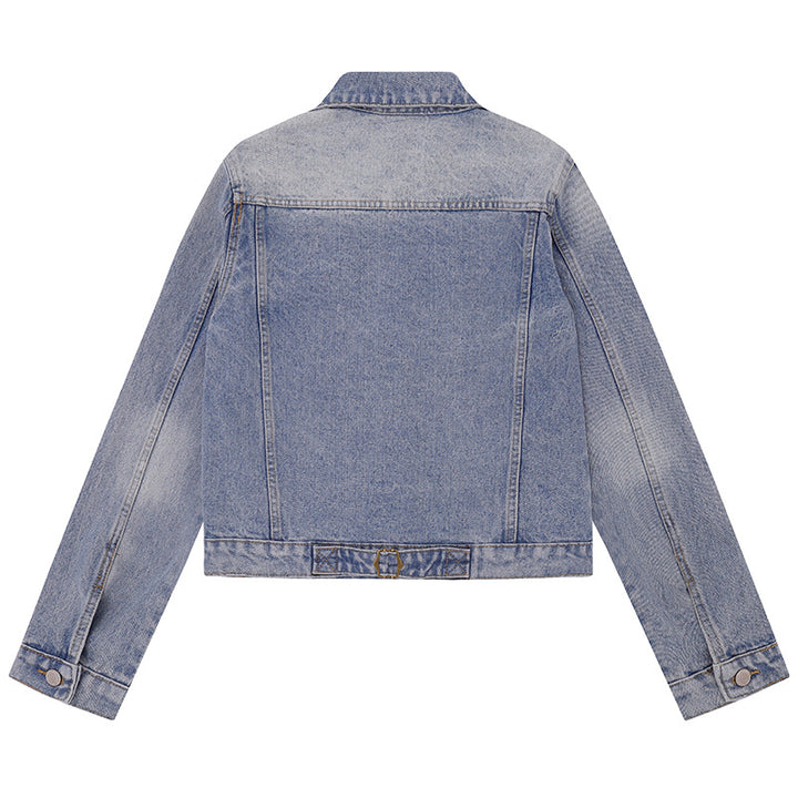 Damen kurze Vintage-Denimjacke mit Brusttaschen, Reißverschluss-Detail und Knopfleiste Drune