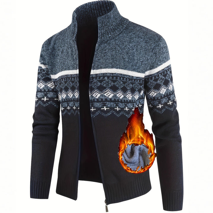Herren Thermo-Strickjacke mit Stehkragen und Reißverschluss Norwegerstrick Fleece-gefüttert Drune