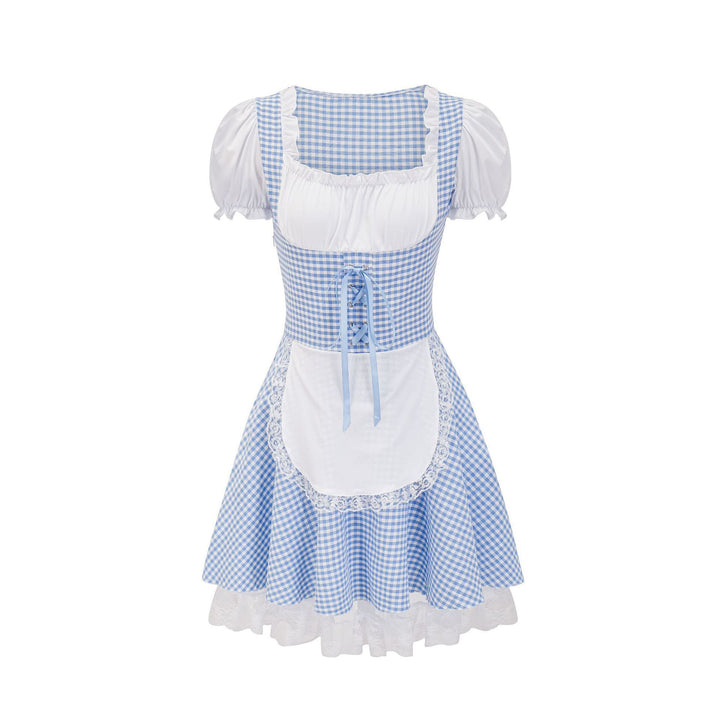 Damen nan Trachtenkleid im Vichy-Stil mit Puffärmeln, Schnürkorsett und Spitzenschürze Drune