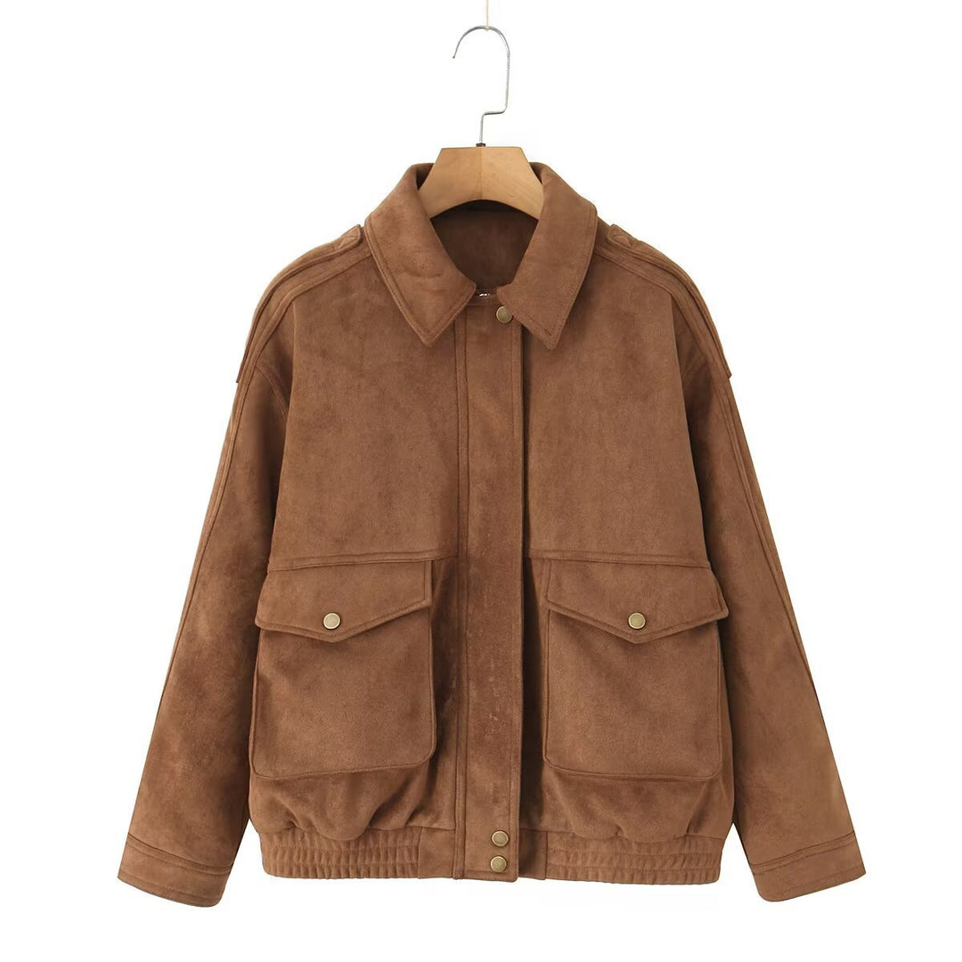 Damen Oversize Wildlederoptik-Bomberjacke mit Pattentaschen und elastischem Saum Drune