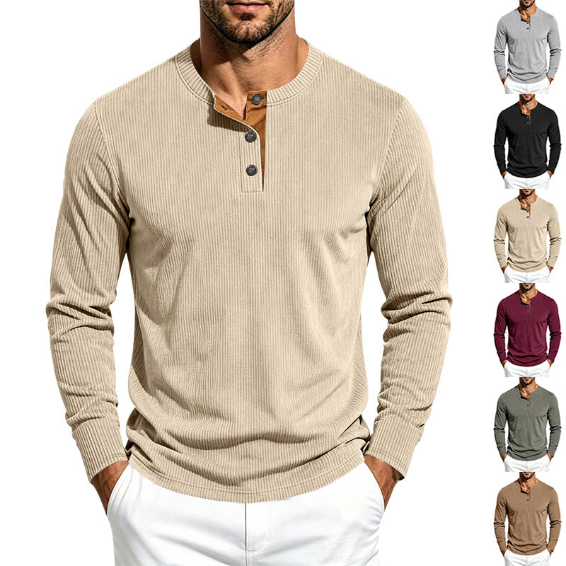 Herren Geripptes Langarm-Henley mit Stehkragen, Kontrast-Knopfleiste und Rippbündchen Drune