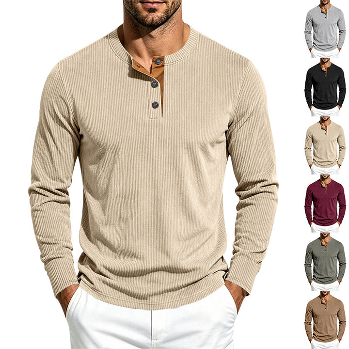 Herren Geripptes Langarm-Henley mit Stehkragen, Kontrast-Knopfleiste und Rippbündchen Drune