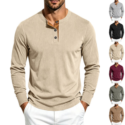 Herren Geripptes Langarm-Henley mit Stehkragen, Kontrast-Knopfleiste und Rippbündchen Drune