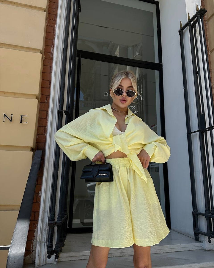 Damen Zweiteiliges texturiertes Loungewear‑Set mit Oversized‑Hemd und elastischer Taillen‑Shorts Drune