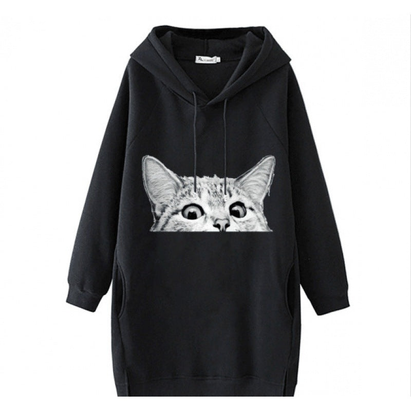 Damen Oversize Kapuzenkleid aus Sweat mit großem Katzenprint und Seitentaschen Drune