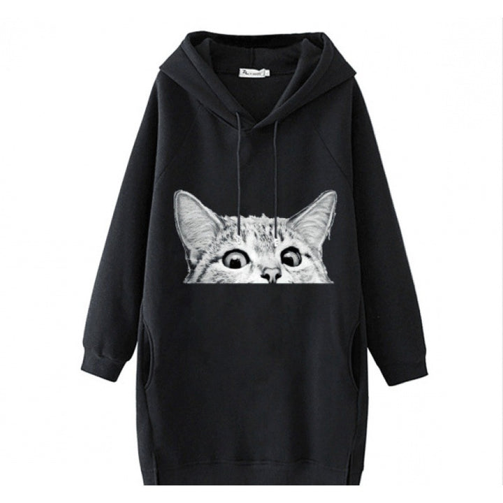Damen Oversize Kapuzenkleid aus Sweat mit großem Katzenprint und Seitentaschen Drune