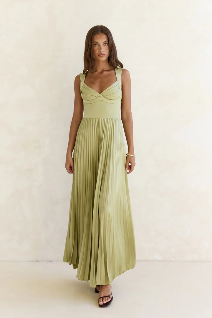 Damen Plissiertes Maxikleid mit vorteilhaftem V-Ausschnitt und femininem Design Drune