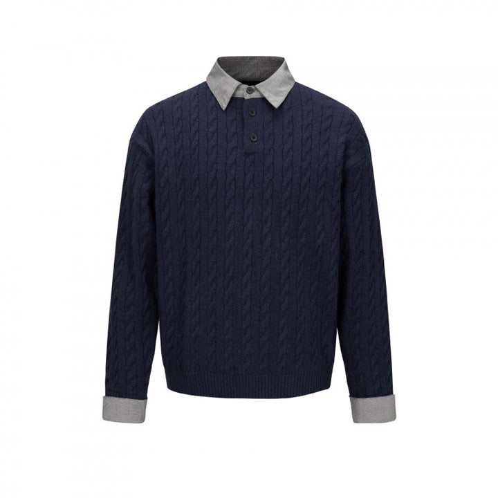 Herren Strukturiertes Zopfmuster-Henley-Strickshirt mit Kontrast-Hemdkragen und Umschlagmanschetten Drune