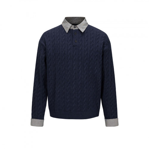 Herren Strukturiertes Zopfmuster-Henley-Strickshirt mit Kontrast-Hemdkragen und Umschlagmanschetten Drune