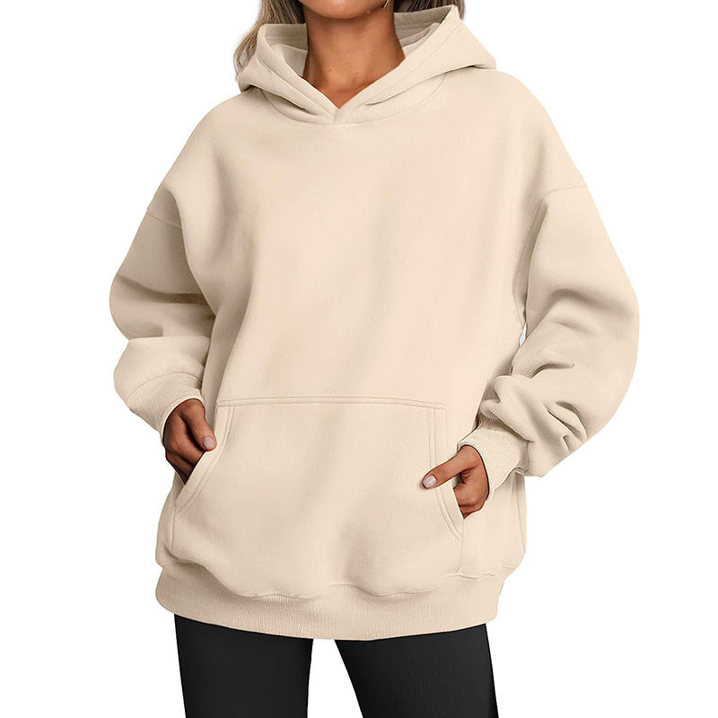Damen nan Relax-Fleece Kapuzenpullover mit Kängurutasche, verlängerter Rücken und überschnittener Schulter Drune