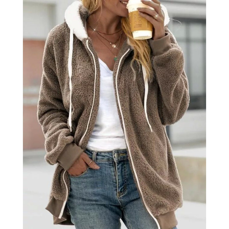 Damen Oversized Sherpa-Zipjacke mit Kontrastkragen, Rippbündchen und Kordelzug Drune