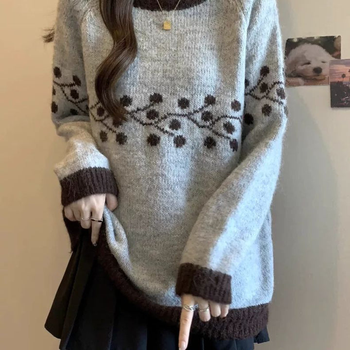 Damen Weicher Strickpullover mit floralem Muster und kontrastierenden Spitzen Drune
