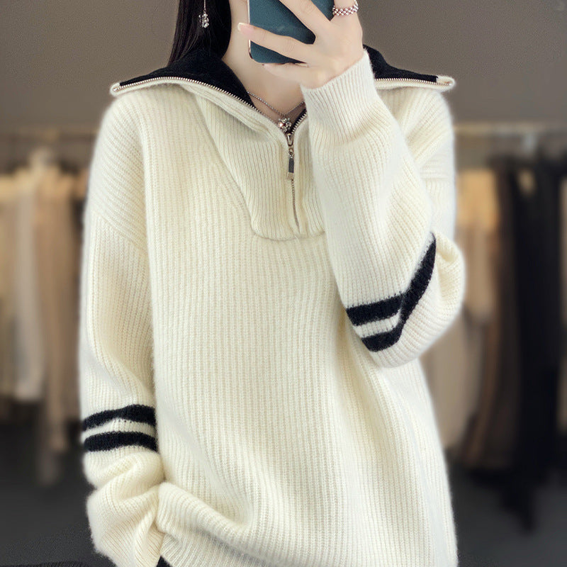 Damen Rippenstrick-Pullover mit halbem Reißverschluss, hohem Stehkragen und lässiger Passform Drune