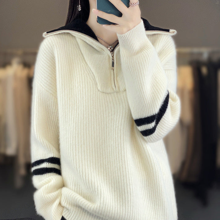 Damen Rippenstrick-Pullover mit halbem Reißverschluss, hohem Stehkragen und lässiger Passform Drune