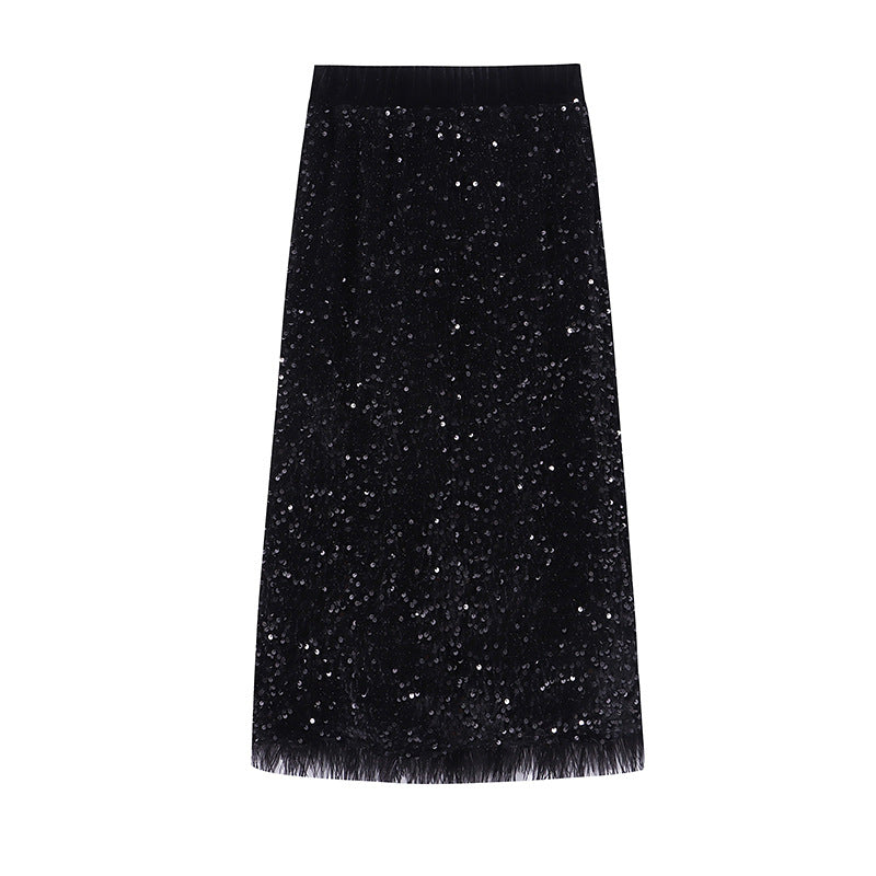 Damen Midirock mit Pailletten und gerafftem Saum Drune