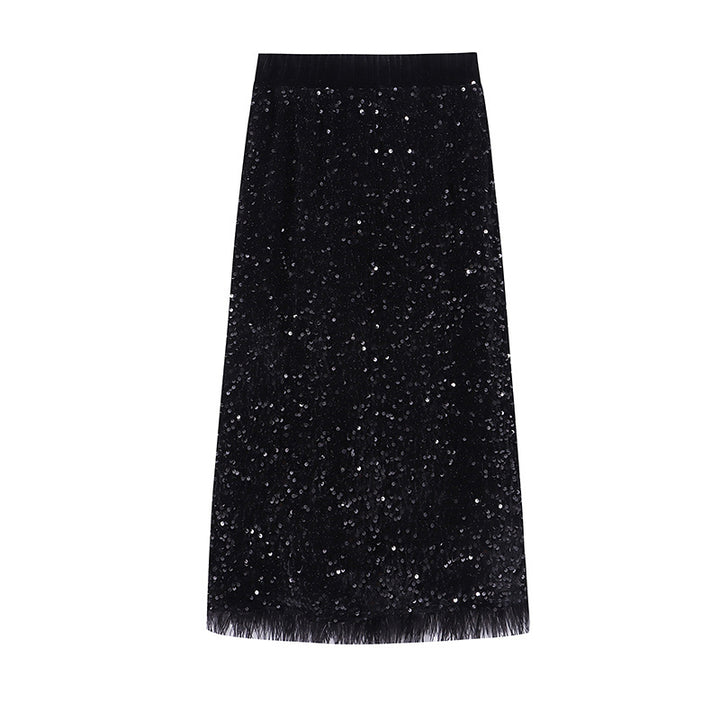 Damen Midirock mit Pailletten und gerafftem Saum Drune