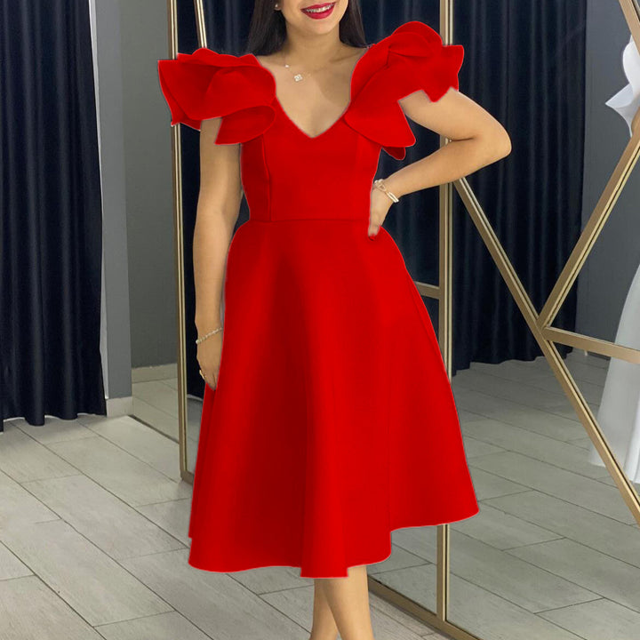 Damen Midi-Kleid mit voluminösen Rüschenärmeln und weit schwingendem Rock Drune