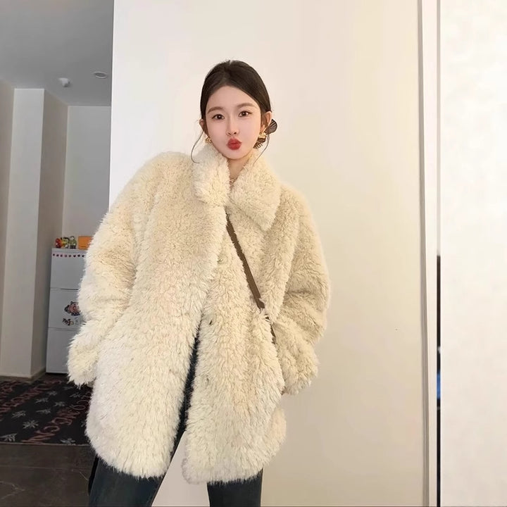 Damen Oversize Teddyfell‑Mantel mit Schalkragen und verdeckter Knopfleiste Drune