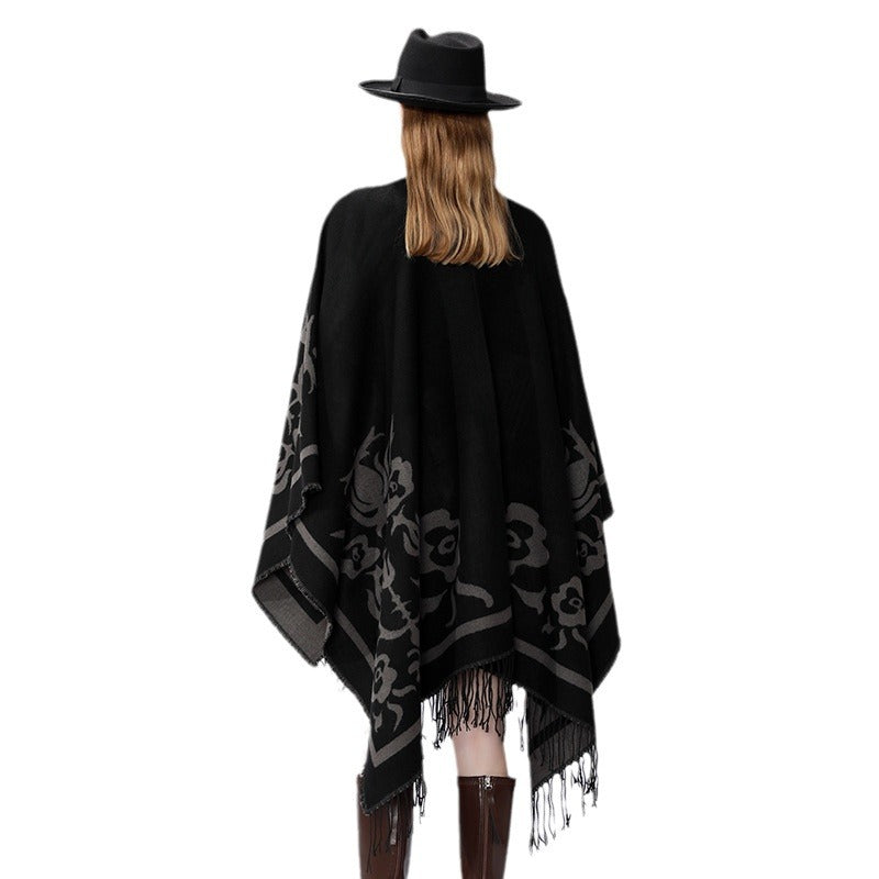 Damen Umhangponcho mit floralen Jacquard-Panels und Fransensaum Drune