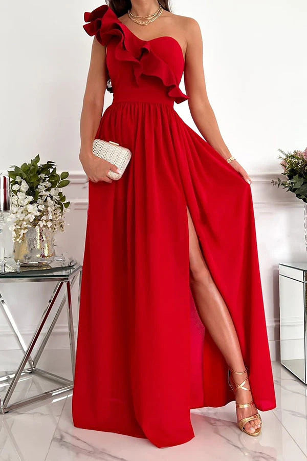 Damen Maxikleid mit asymmetrischem Schnitt und voluminösem Rüschendetail Drune