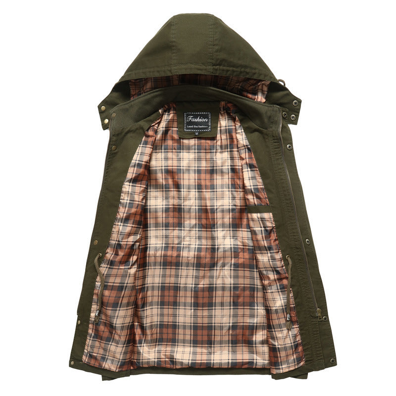 Herren Kapuzen-Canvasparka mit karierter Innenfütterung und Multifunktions‑Taschen Drune