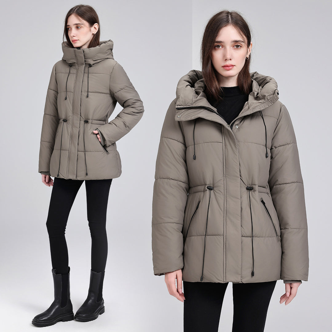 Damen Wattierter Mid‑Length Parka mit Kapuze, Taillenzug und Reißverschlusstaschen Drune