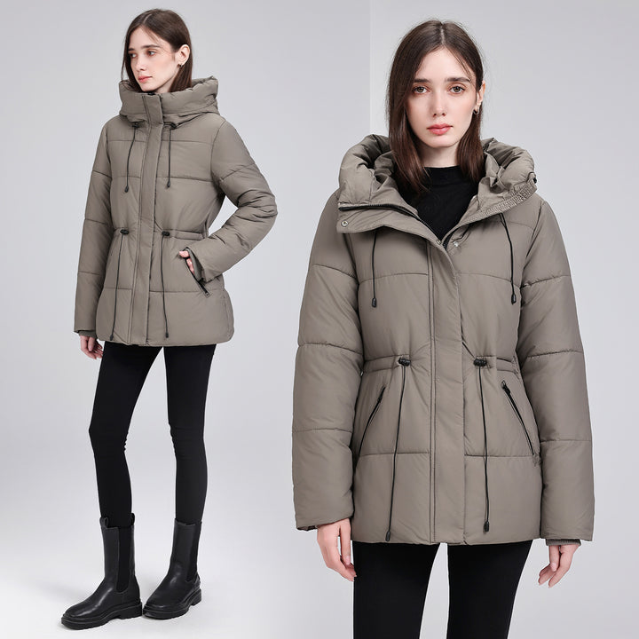 Damen Wattierter Mid‑Length Parka mit Kapuze, Taillenzug und Reißverschlusstaschen Drune