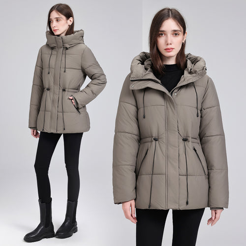 Damen Wattierter Mid‑Length Parka mit Kapuze, Taillenzug und Reißverschlusstaschen Drune