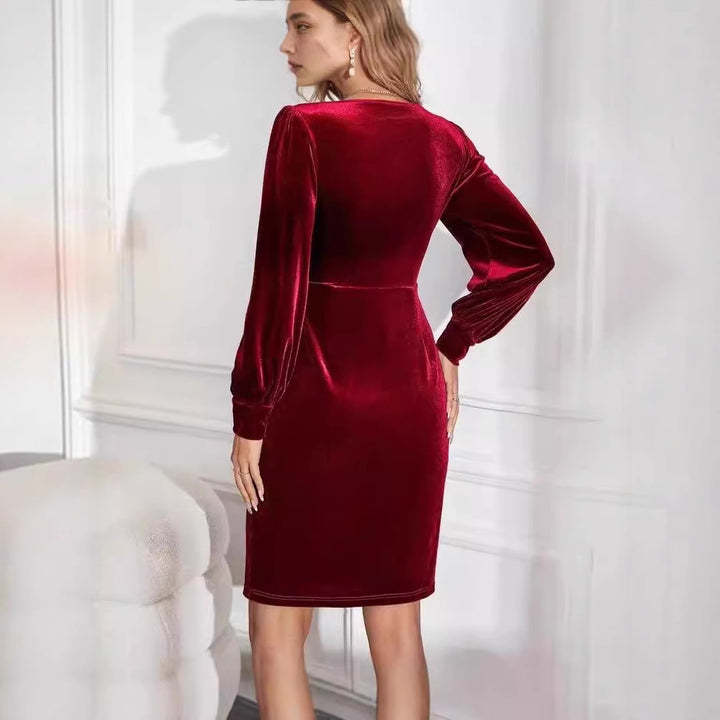 Damen Samt Kleid mit elegantem V-Ausschnitt und Puffärmeln Drune