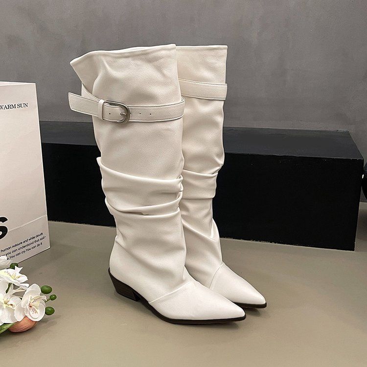 Damen kniehohe Slouch-Stiefel im Vintage-Wildleder-Look mit spitzer Zehenform und dezenter Schnallenmanschette Drune