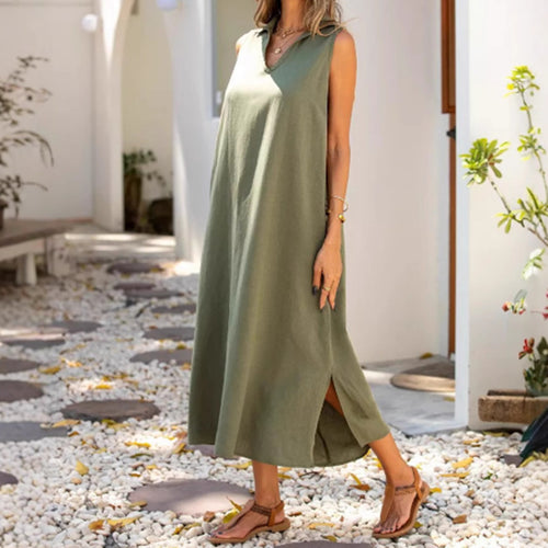 Damen ärmelloses Maxikleid mit tiefem V-Ausschnitt und seitlichen Schlitzen Drune