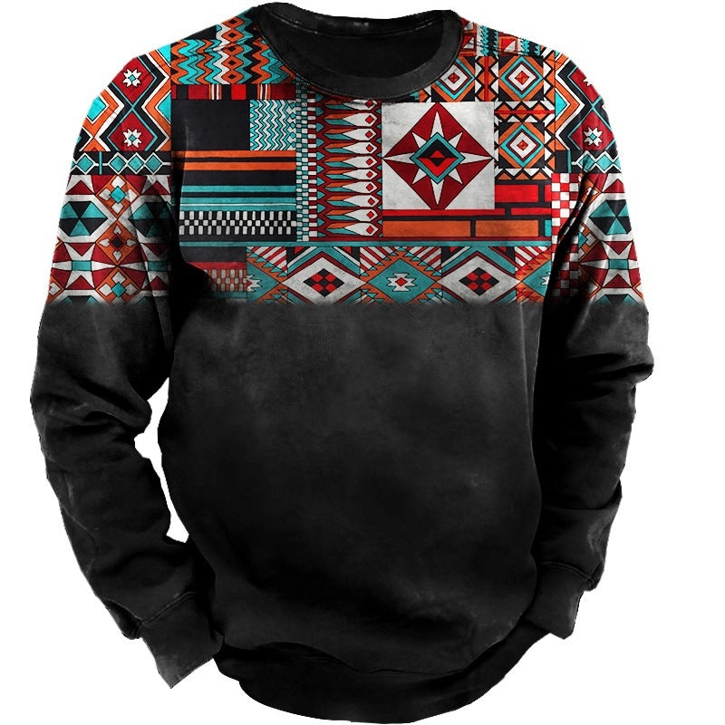 Herren-Sweatshirt mit ethnischem Blockdruck, Vintage-Fade-Effekt und Rundhalsausschnitt Drune