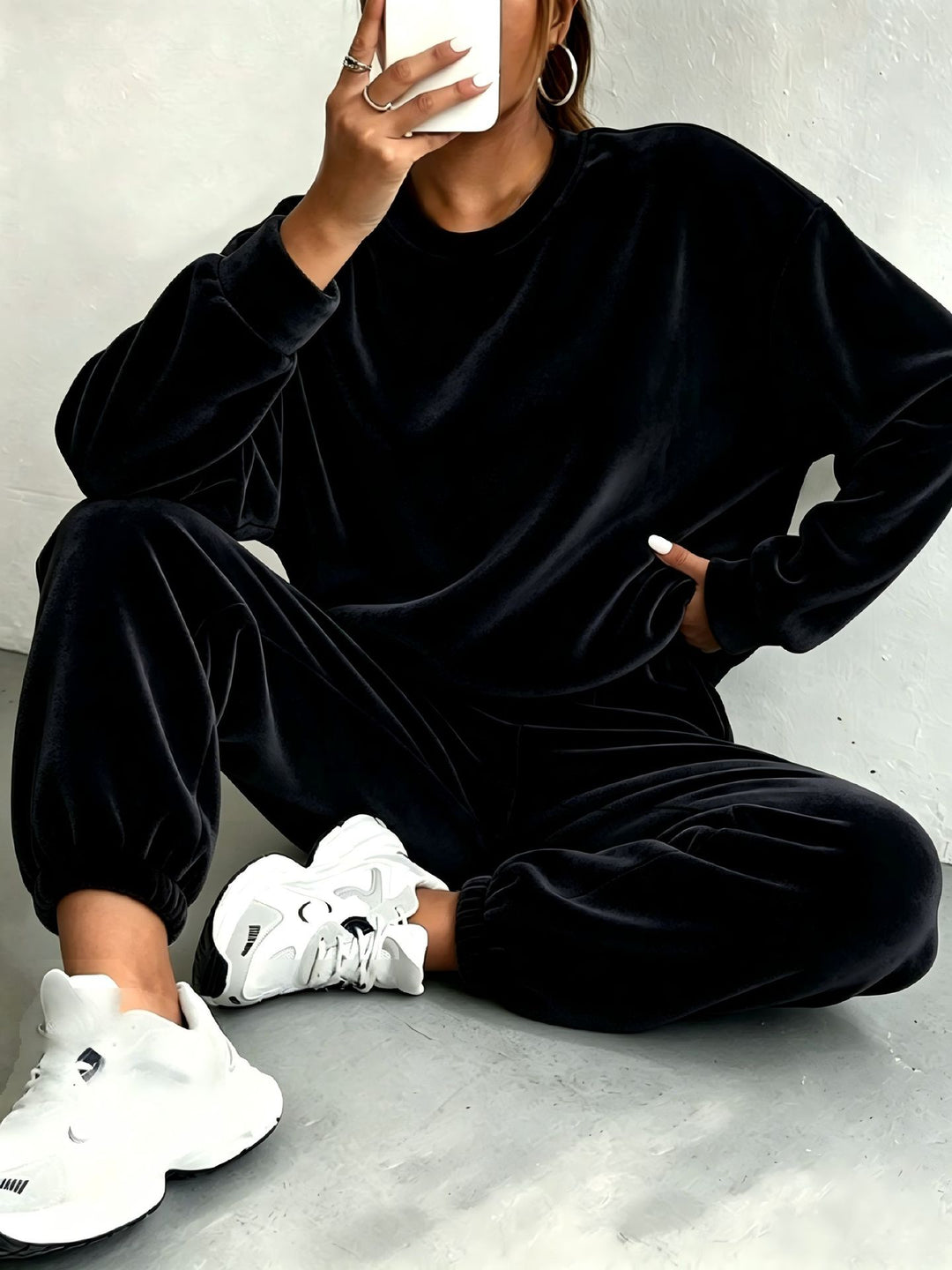 Damen Oversize Samt-Jogginganzug mit Rundhalsausschnitt und elastischen Bündchen Drune