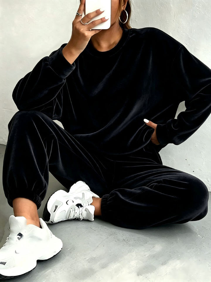 Damen Oversize Samt-Jogginganzug mit Rundhalsausschnitt und elastischen Bündchen Drune