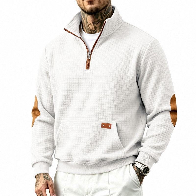 Herren Stehkragen-Halbzip-Sweatshirt mit karierter Reliefstruktur und Lederoptik-Ellenbogenpatches Drune